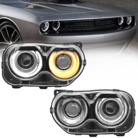 Halogen Headlights Assembly Fit For 2015 2016 2017 2018 2019 2020 Dodge Challenger, Black Housing Headlamps With Bulb, Pair Passenger&Driver Side (Color: Grey)