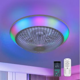 15 Inch RGB Dimmable LED Enclosed Ceiling Fan With Light, Modern Bladeless 6-speed Remote Control Suitable For Bedrooms, Children's Rooms, Partie (Color: White)